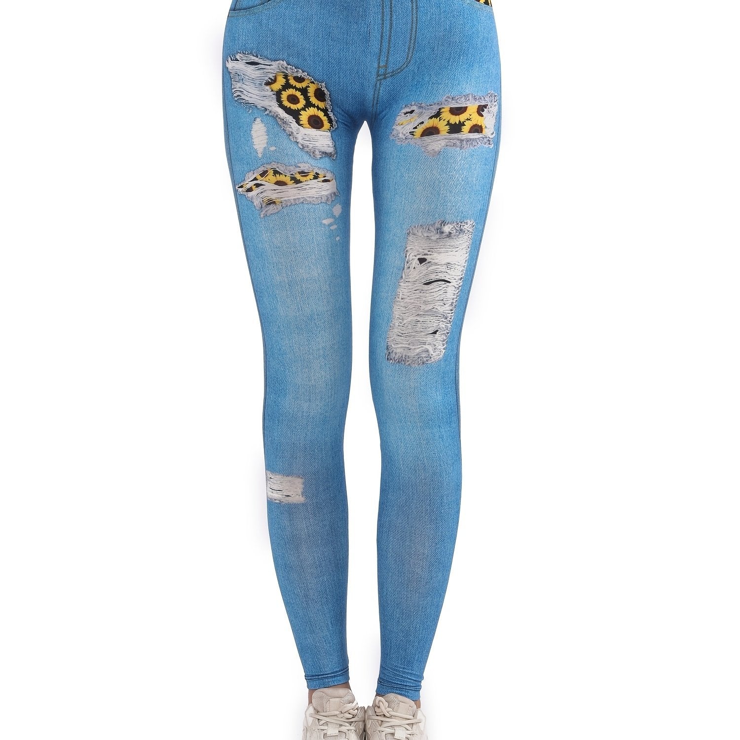 Denim Print High Waist Leggings Workout Casual Slim Yoga Pants
