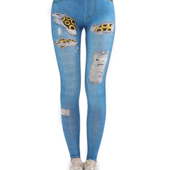 Denim Print High Waist Leggings Workout Casual Slim Yoga Pants