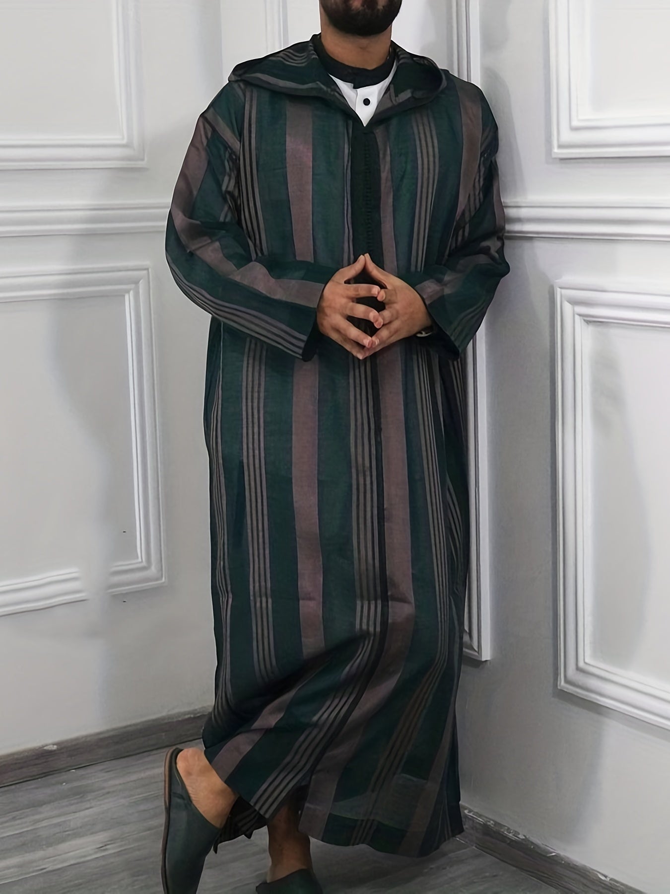 Islamic Arabic Kaftan Men Long Sleeve Vertical Striped V Neck Hooded