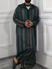 Islamic Arabic Kaftan Men Long Sleeve Vertical Striped V Neck Hooded