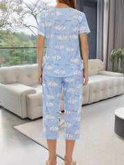 Moon Print Lounge Set Crew Neck Short Sleeve Top & Elastic Waistband Pants