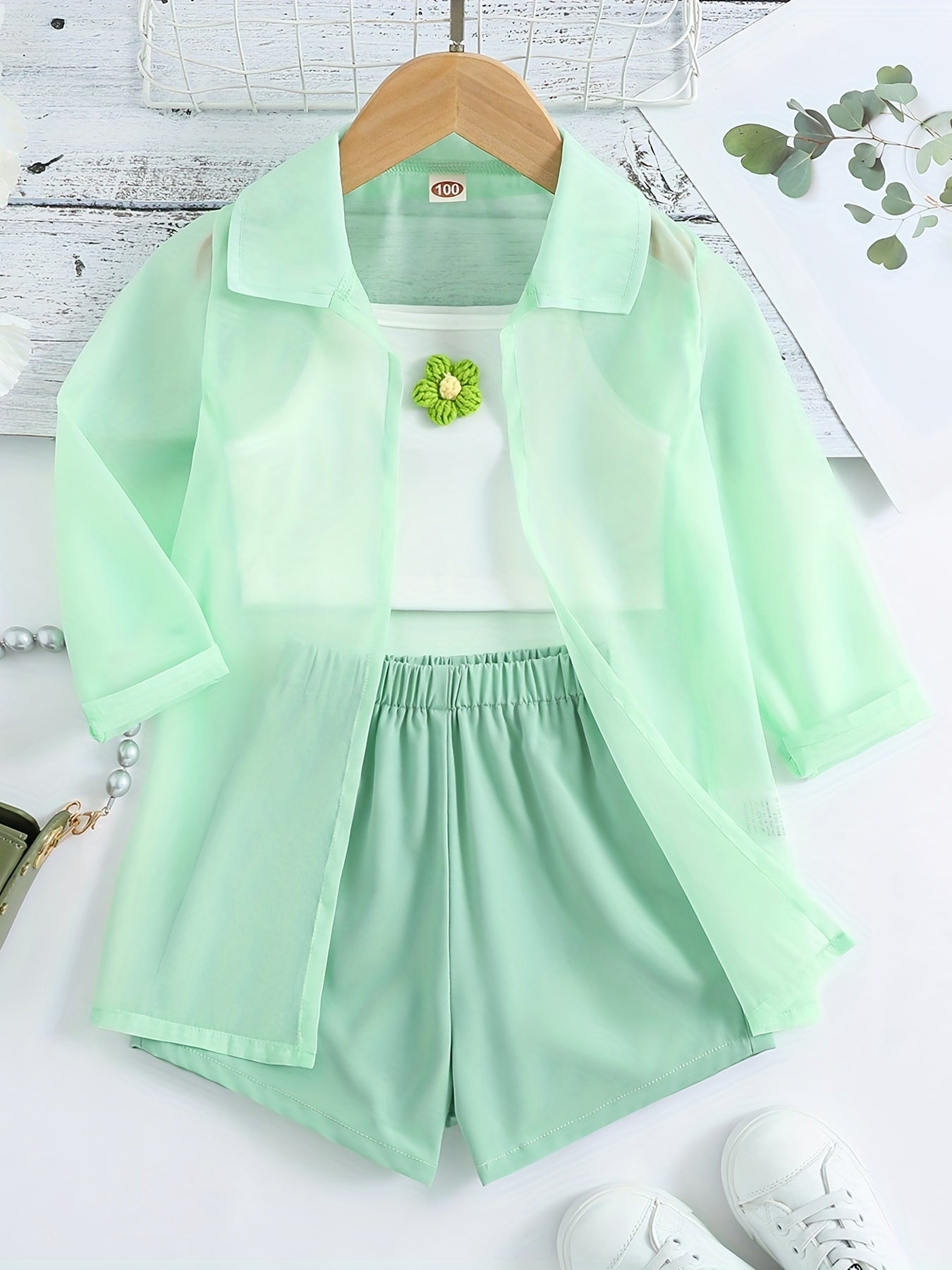 3 Pcs Ultra Thin Long Sleeve Semi Sheer Top & Cami Crop Top & Shorts Set