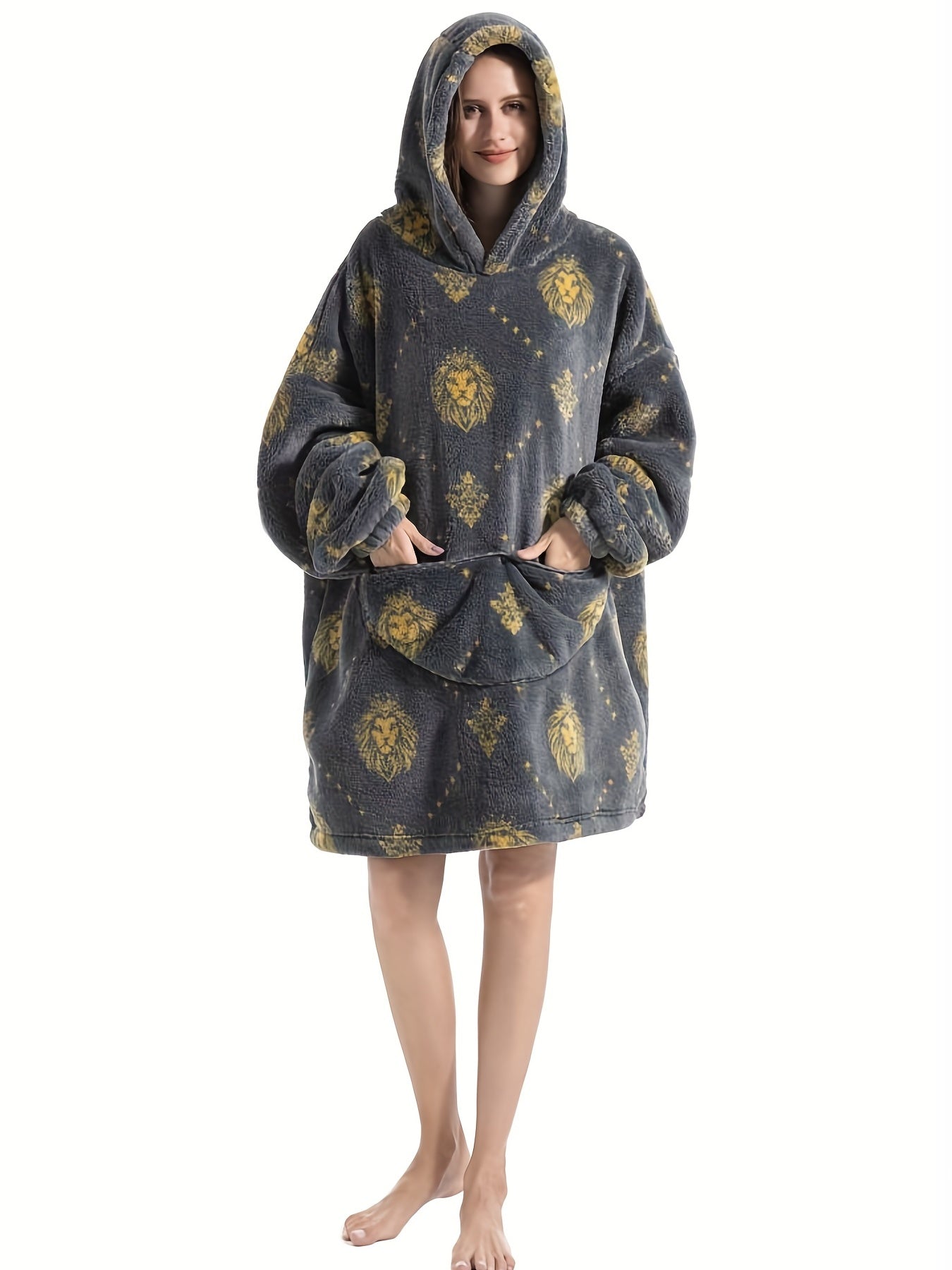 Shark Pattern Fluffy Fleece Long Sleeve Hooded Wearable Blanket