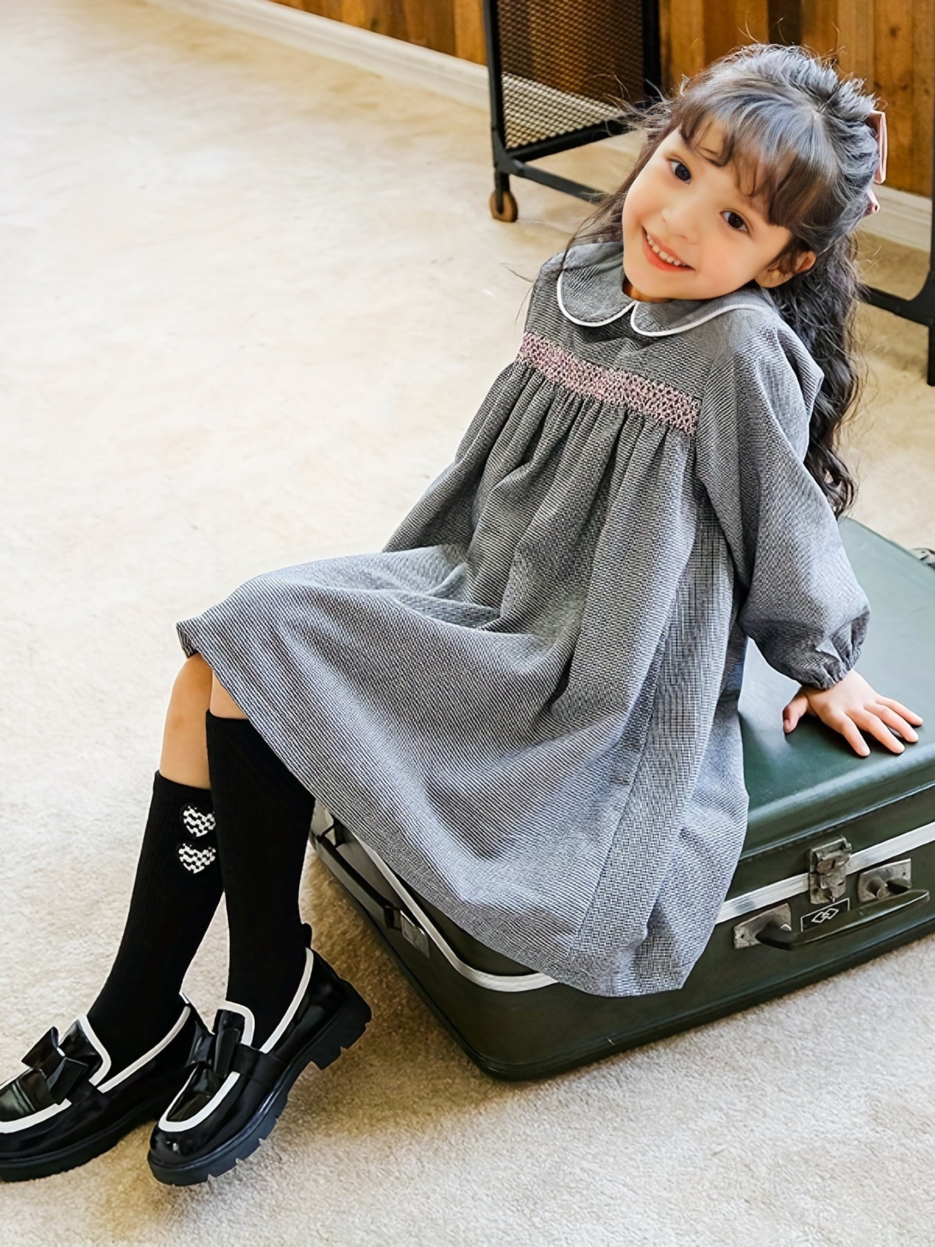 Girls Fleece Houndstooth Doll Collar Princess Dress Autumn Winter