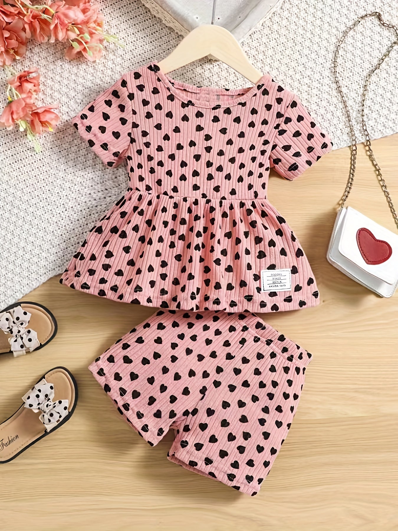 Girls Heart Graphic Peplum Crew Neck T Shirt Top & Shorts Set