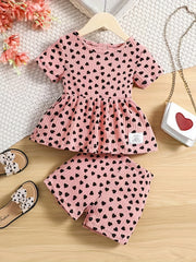 Girls Heart Graphic Peplum Crew Neck T Shirt Top & Shorts Set