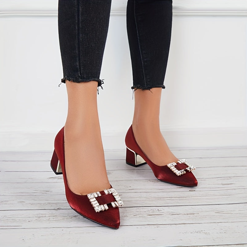Chunky Heel Satin Pumps Rhinestone Pointed Toe Mid Heels