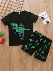 2pcs Boys Dino Print Tee & Shorts Set, Summer Kids Clothes