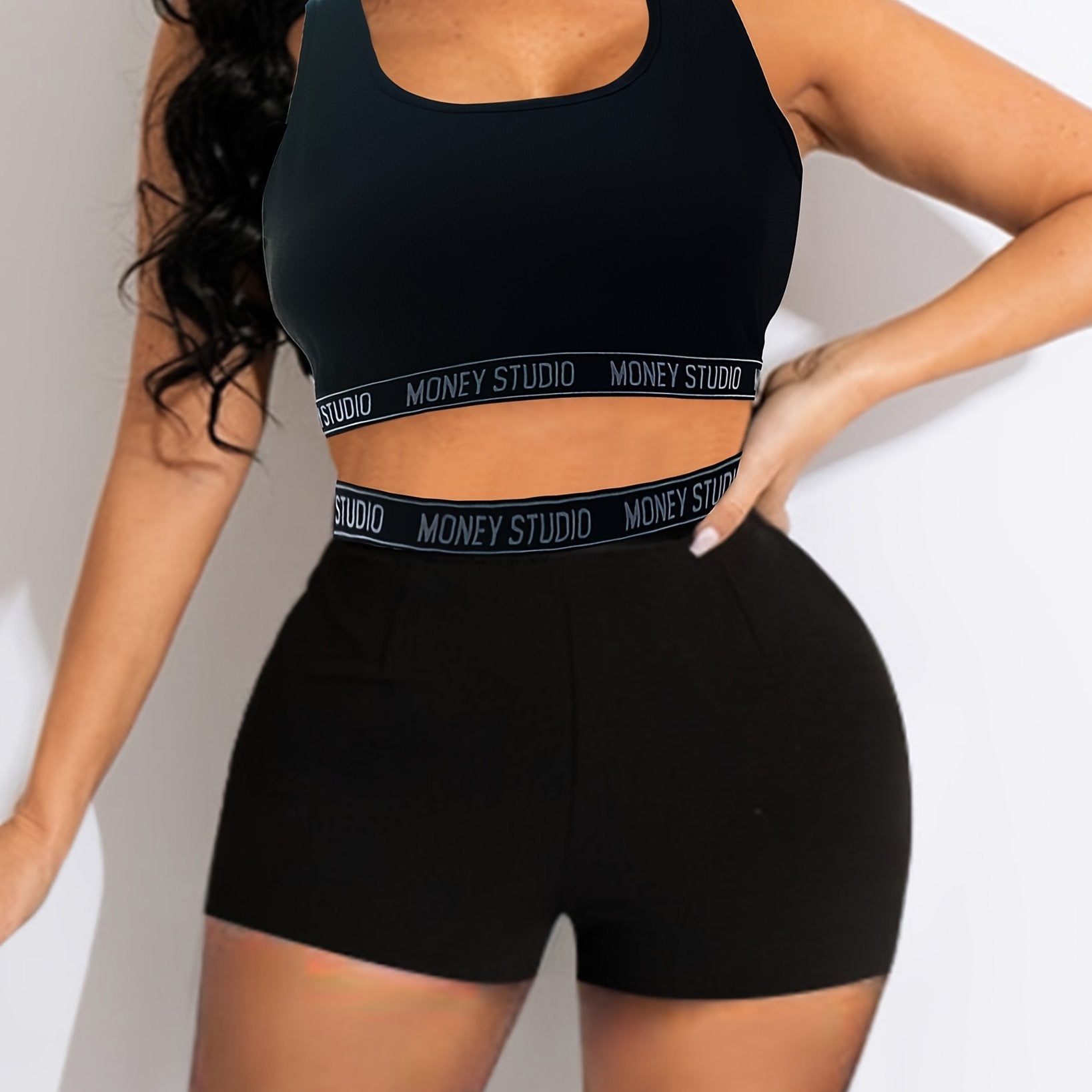 Letter Waistband Two-piece Set Sleeveless Crop Top & Shorts