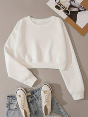 Solid Crop Pullover Sweatshirt Long Sleeve Crew Neck for Spring & Fall