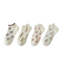 5 Pairs Floral Print Socks Comfy Ruffle Low Cut Ankle Socks Women's Stockings
