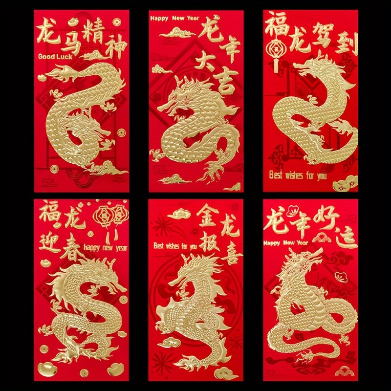 6pcs Chinese New Year Red Envelopes Lion Dragon Cartoon Design Party Birthday