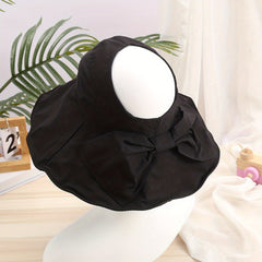Backless Ponytail Bowknot Sun Hat Wide Brim Solid Casual Beach Hats Cotton Sunsc