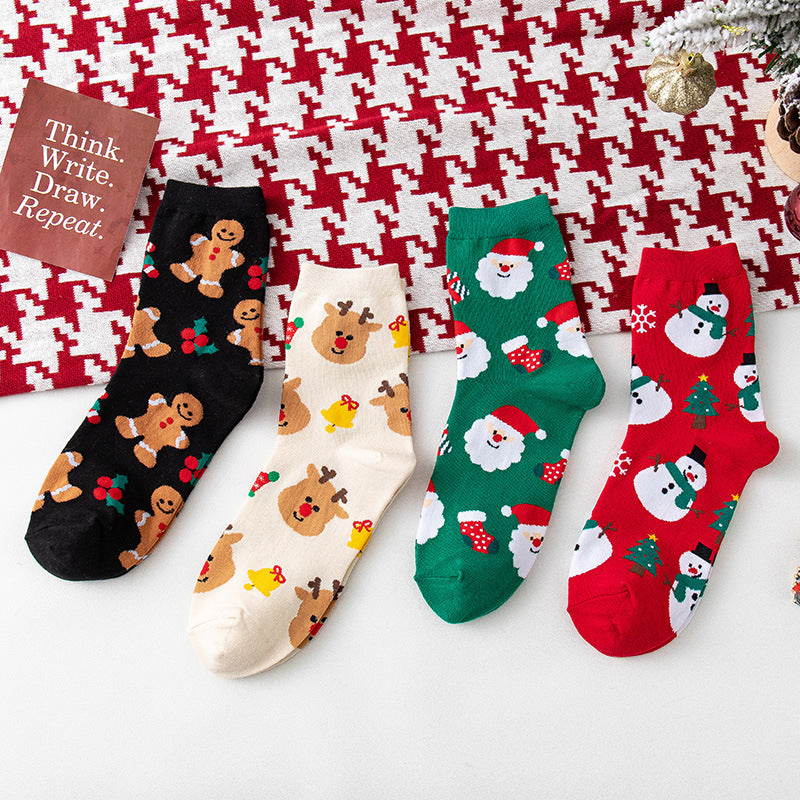 4 Pairs Women's Christmas Pattern Mid Tube Socks