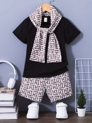 3pcs Boys Casual Short Sleeve T shirt & Shorts & Scarf Set Summer Kids Clothes
