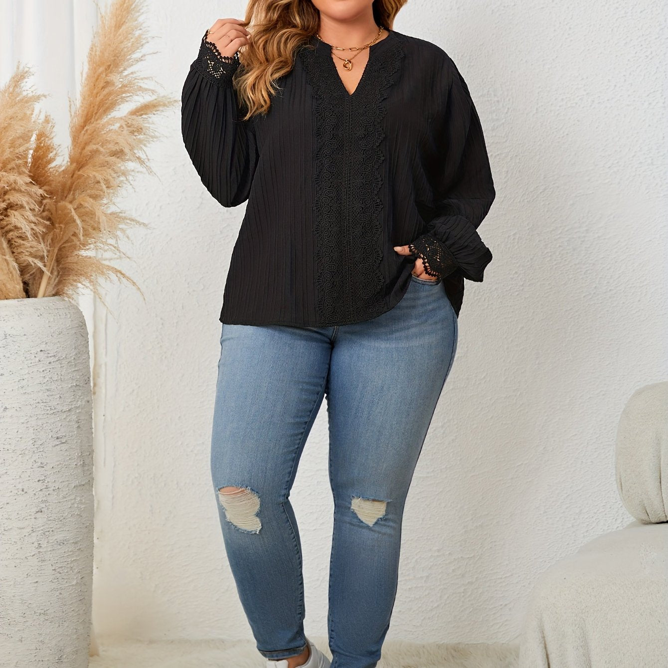 Ribbed Lace Trim Lantern Sleeve V Neck Top