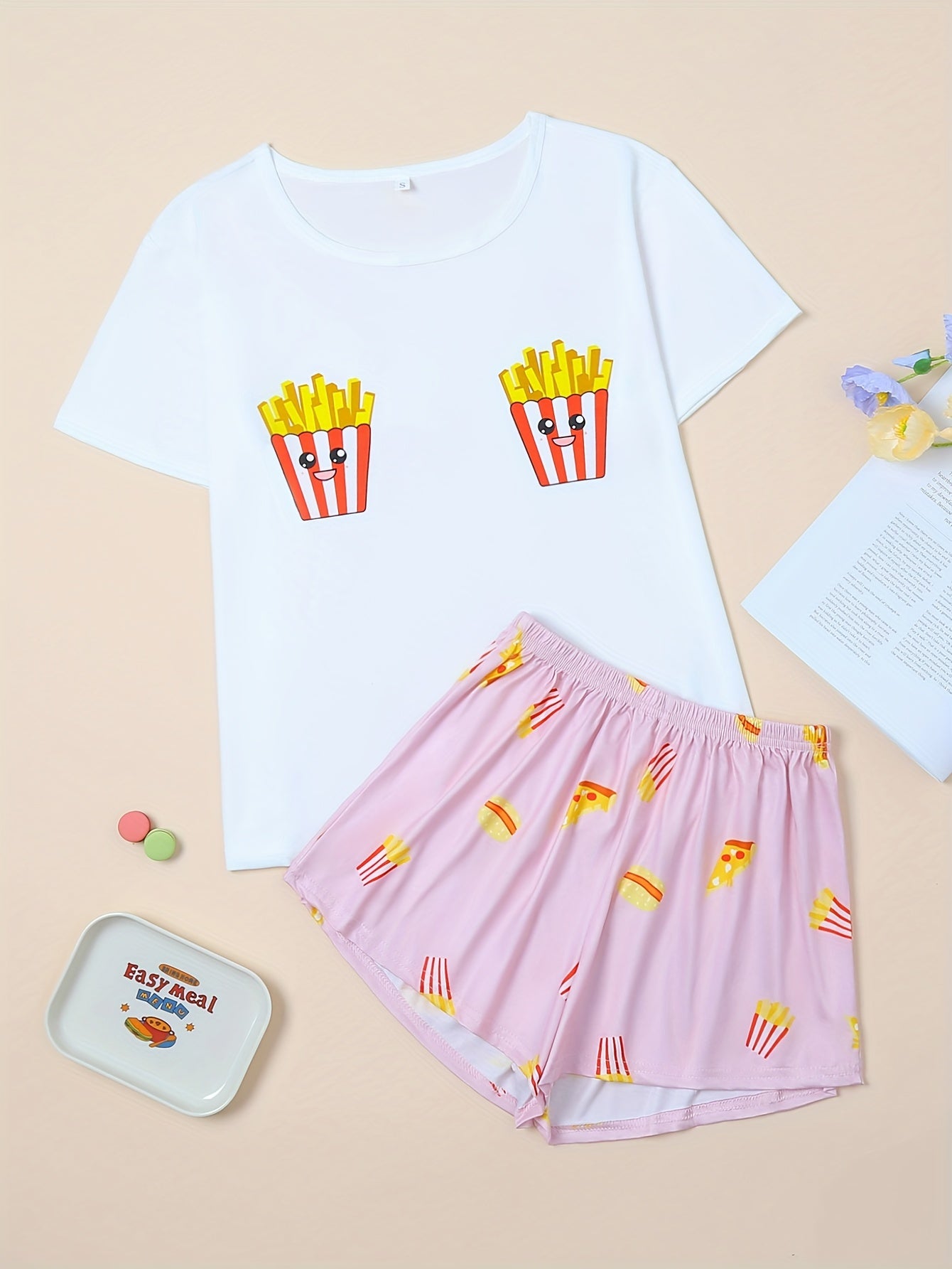 Fries Print Pajama Set Short Sleeve Top & Shorts Women's Sleepwear