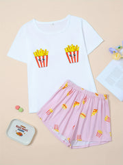 Fries Print Pajama Set Short Sleeve Top & Shorts Women's Sleepwear