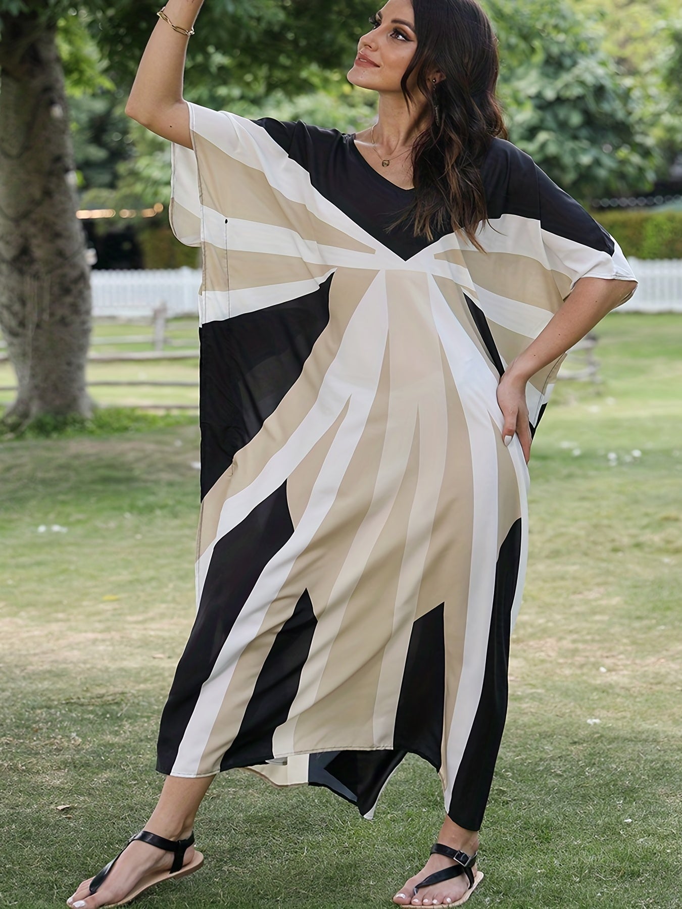 Geometric Print V-Neck Cover Up Dress