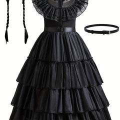 Girls Princess Mesh Ruffled Dress & Wig Set