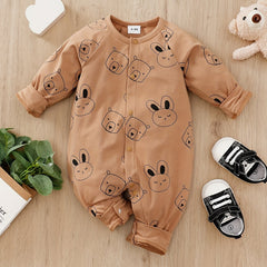 Bear And Rabbit Painting Full Print Jumpsuit Long Sleeve Cotton Baby Bodysuit