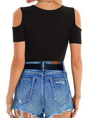 Sexy Cold Shoulder V Neck Bodysuit One Piece Women's Clothing