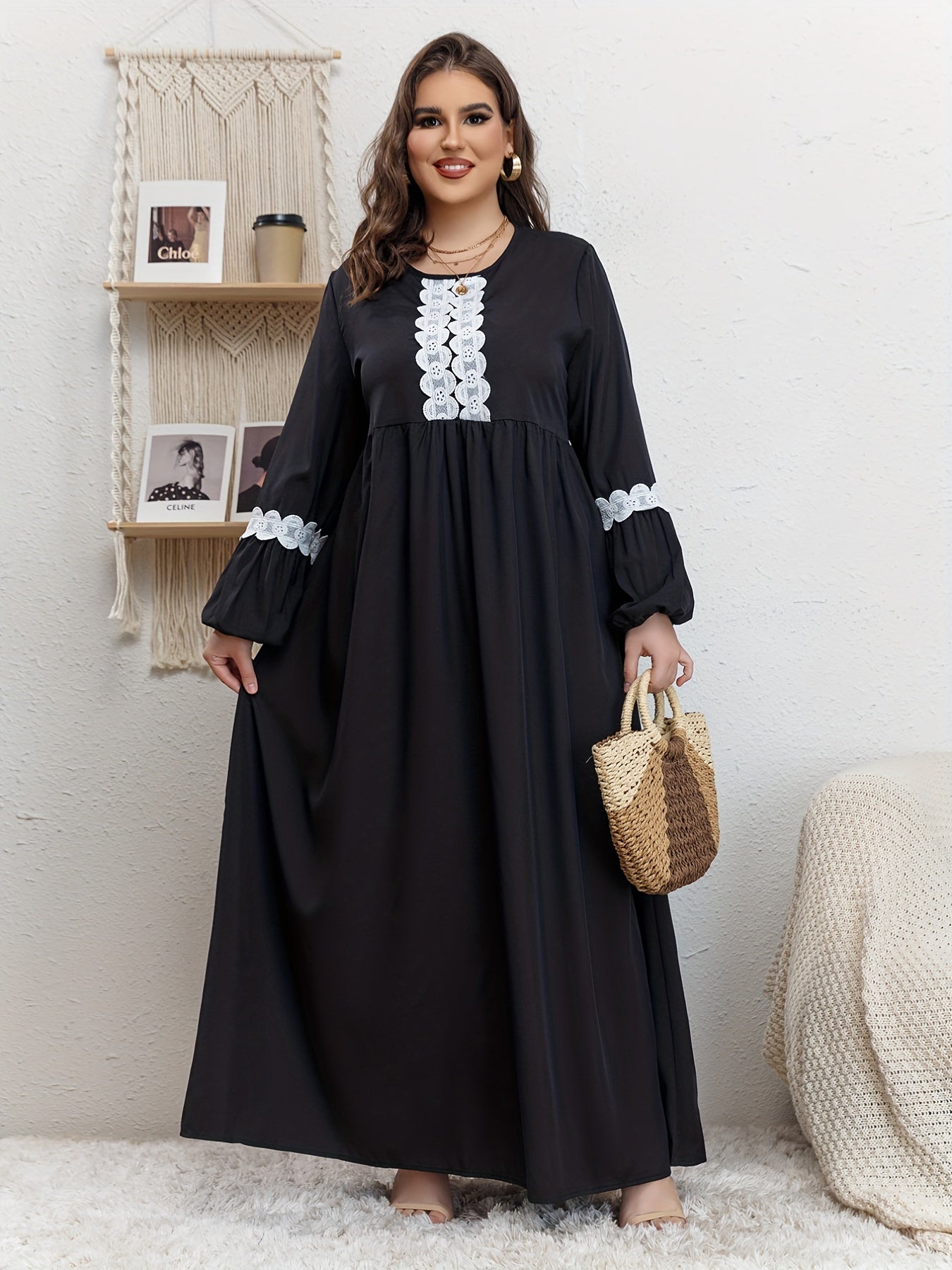 Abaya Dress Women's Plus Contrast Lace Maxi Dress