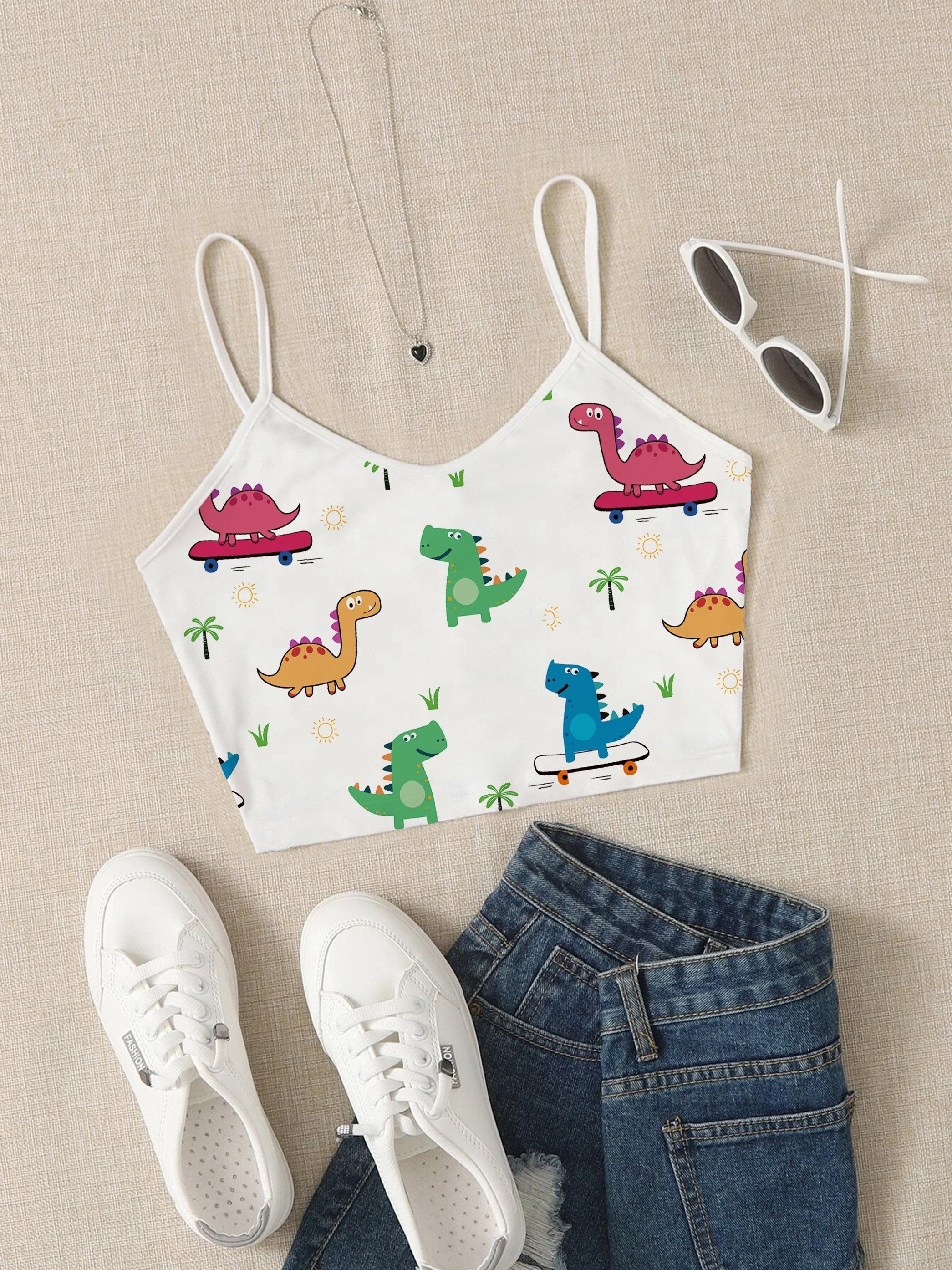 Dinosaur Print Crop Cami Top V Neck Spaghetti Strap Top