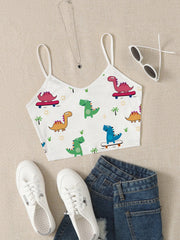 Dinosaur Print Crop Cami Top V Neck Spaghetti Strap Top