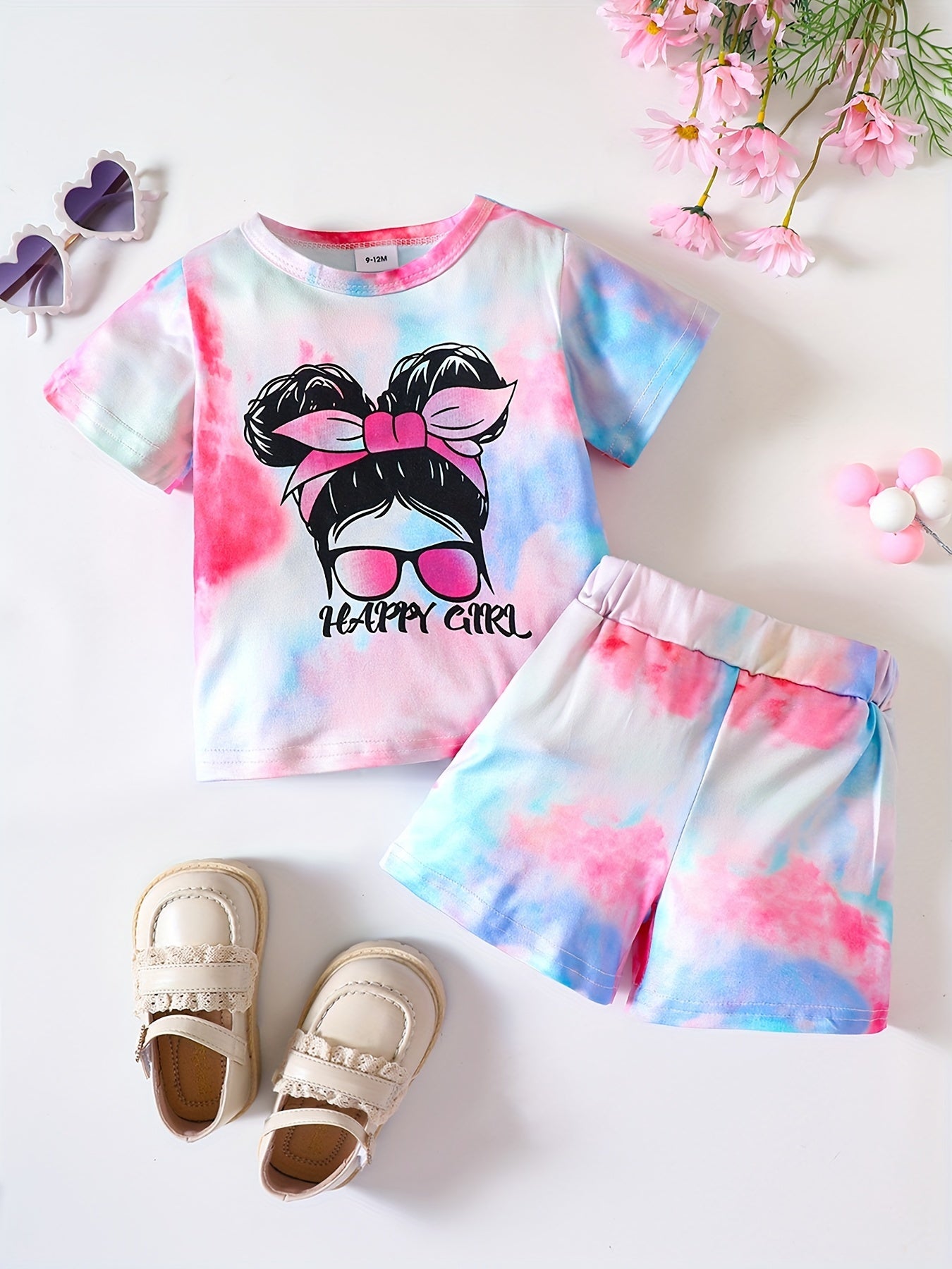 Tie Dye Cartoon Figure Print T shirt & Shorts 2pcs Set for Baby Girls
