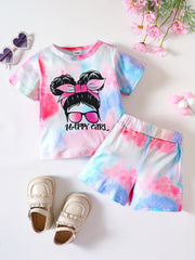 Tie Dye Cartoon Figure Print T shirt & Shorts 2pcs Set for Baby Girls