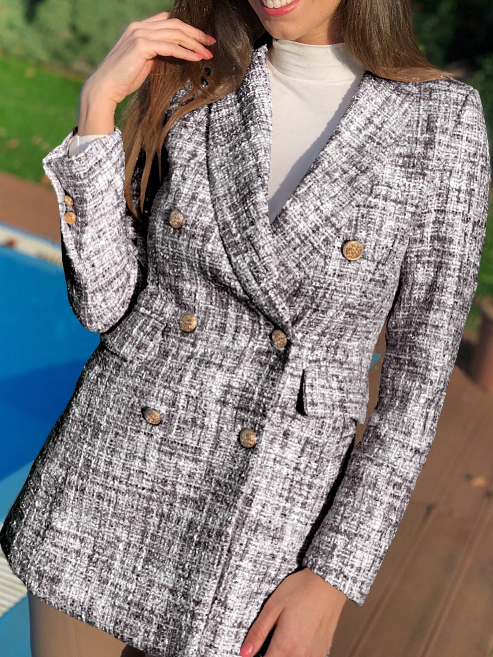 Tweed Double Breasted Blazer Collared Top for Women