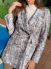 Tweed Double Breasted Blazer Collared Top for Women