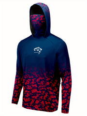 Men's Block Pattern Hoodie With Mask Sun Protection Fishing Shirt