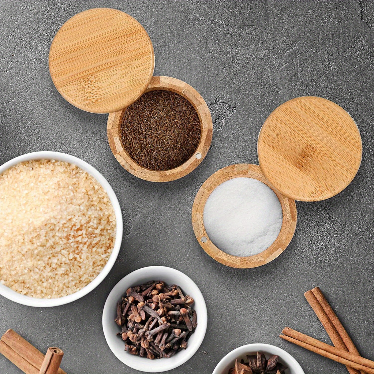 Bamboo Salt Jar with Spoon and Rotating Lid for Seasoning Storage