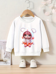 Girl Print Sweatshirt Crew Neck Pullover For Kids