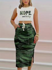 Women's Crop Tank Top & Camo Drawstring Skirt Two Piece Set