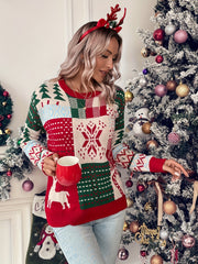 Christmas Pattern Knit Sweater Casual Crew Neck Long Sleeve Sweater