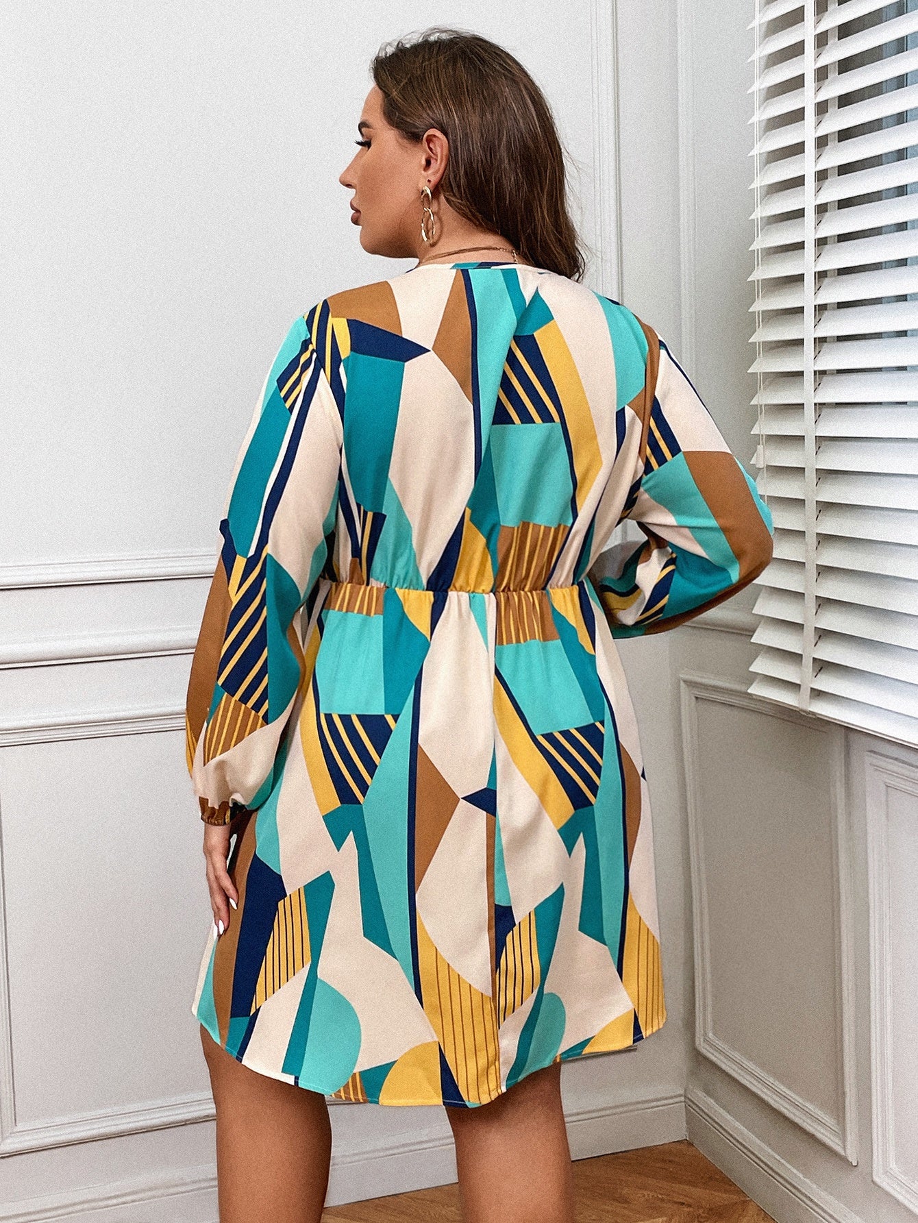Colorblock Geometric Print Surplice Neck Mini Dress