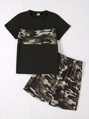 Boy's Camo Casual Outfit Round Neck T shirt & Shorts