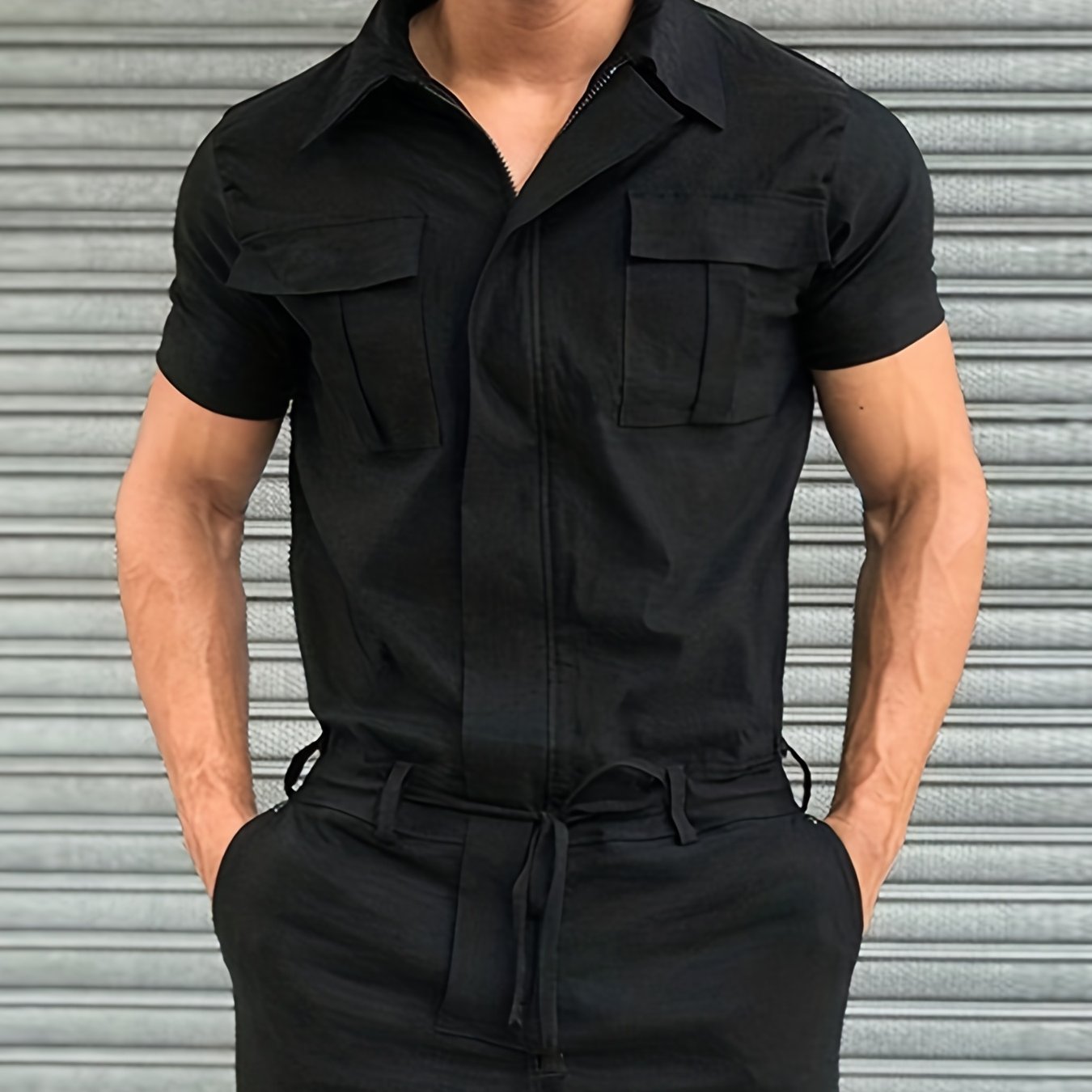 Men's Full Zip Overalls Streetwear Short Sleeve Jumpsuit