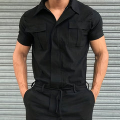 Men's Full Zip Overalls Streetwear Short Sleeve Jumpsuit