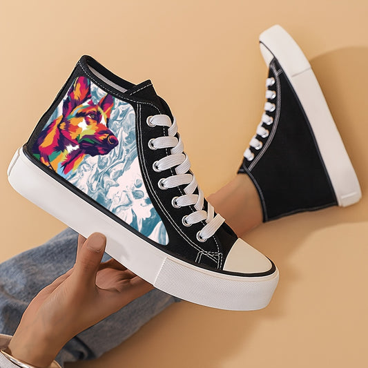 Wolf Print Chunky Canvas Sneakers High Top Skate Shoes