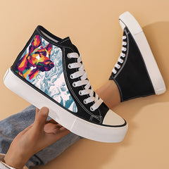 Wolf Print Chunky Canvas Sneakers High Top Skate Shoes