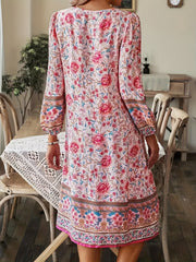 Floral Print Tie Neck Dress Boho Long Sleeve Dress For Spring