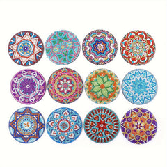 12pcs Round Manda Flower Pattern Coaster DIY Diamond Painted Wooden Coaster