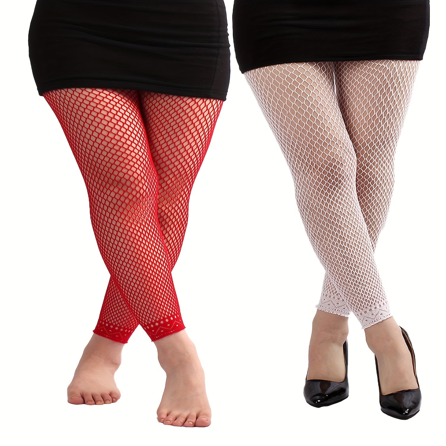 2 Pairs Casual Pantyhose Set Women's Plus Solid Footless Fishnet Stockings