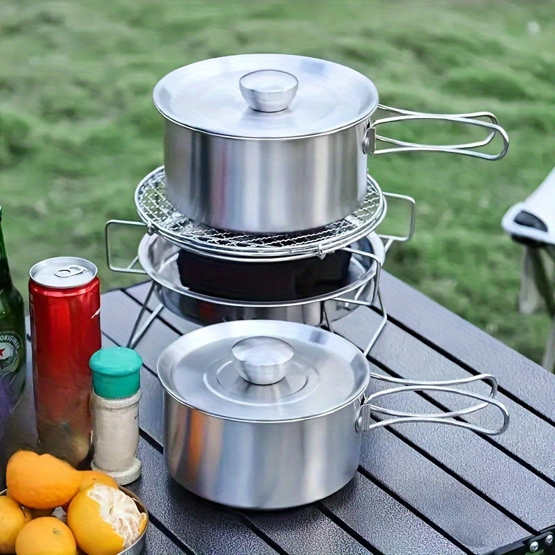 Stainless Steel Portable Pot w/ Foldable Handle for Outdoor Camping Picnic