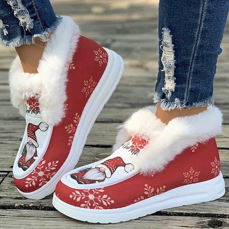 Christmas Snowflake Snowman Print Plush Lined Furry Boat Shoes