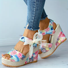 Floral Print Wedge Sandals Peep Toe Platform Shoes Hook & Loop Strap